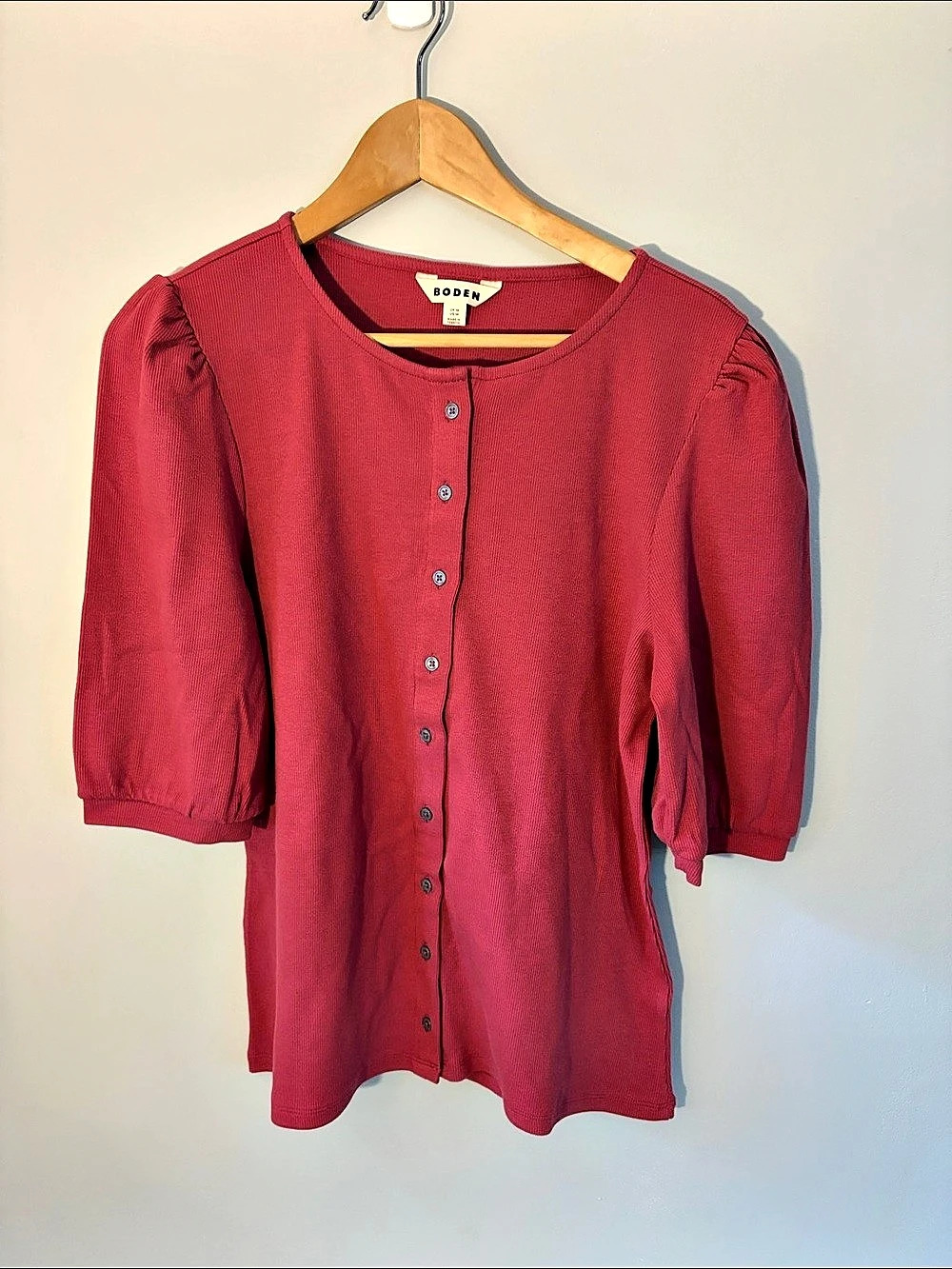 Boden Cotton Button Through Short Sleeve Top Women's Red Size 14 Like New